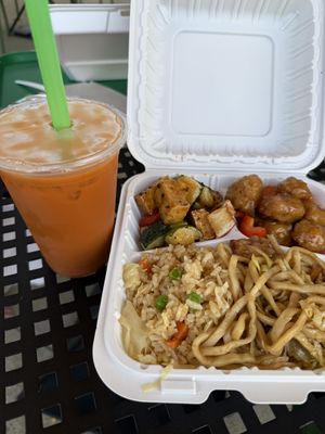 Vegan Orange Chicken, General Tso’s Chicken, Fried Rice, Lo Mein Noodles, and the magnificent Thai tea  at Bodhi Express in Westlake
