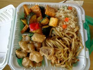 Medium Combo with the new General Tso Tofu and the new Basil Mushrooms entrees and Lo Mein noodles and Fried Rice sides. Delicious! at Bodhi Express in Westlake