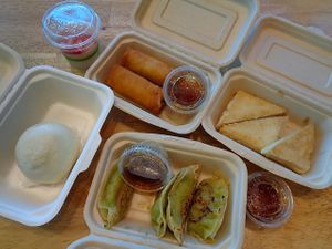 Red Bean Bun, Almond Jelly, Spring Rolls, Crispy Tofu Squares, Potstickers. Apps came with sesame soy dipping sauce. All perfect, but the tofu was our fave. at Bodhi Express in Westlake