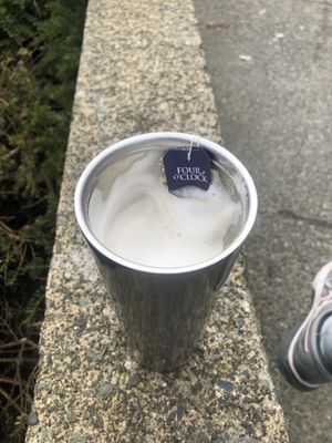 London fog with soy milk in a to-go cup ! They will do 1/2 sweet upon request   at Blue Chip Cafe in Vancouver