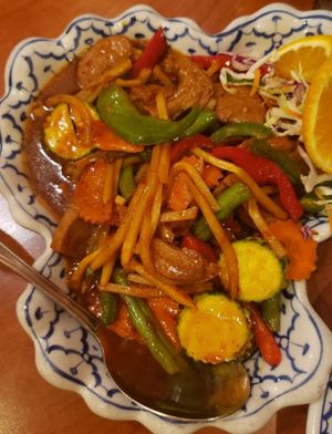 Pepper Stir Fry with Mock Chicken (vegan) at Takieng Thai Cuisine in Fair Oaks