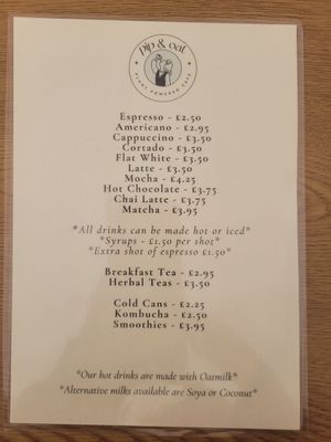 Drinks Menu at Pip & Oat in Llandudno