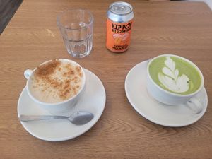 Chai Latte, Orange Soda and Matcha Latte at Pip & Oat in Llandudno