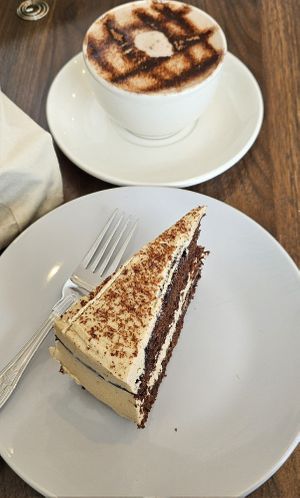 Mocha cake and hot chocolate at Pip & Oat in Llandudno