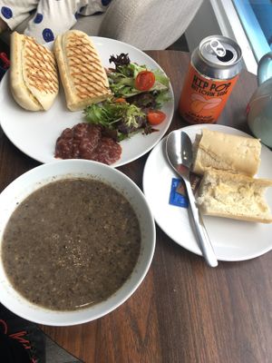 Cheese panini, mushroom soup, pink tea, orange pop  at Pip & Oat in Llandudno