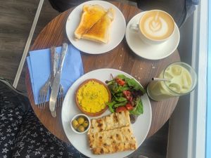 Toast, Latte, Iced Matcha and Mezze Plate at Pip & Oat in Llandudno
