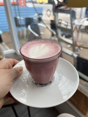 Pink latte made with beetroot powder  at Pip & Oat in Llandudno