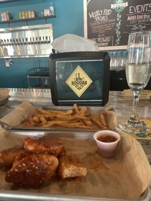 ‘wings’ & fries & prosecco  at Boodas Brewing Company  in Hendersonville