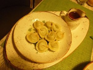 Dumplings with pea filling and delicious broth at Vegafe - Totoriu g. in Vilnius