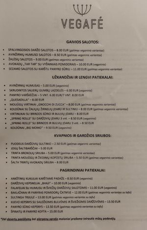 menu at Vegafe - Totoriu g. in Vilnius