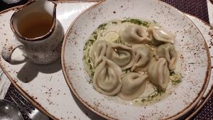 appetizer: dumplings with pea filling and vegetable broth (ask for vegan version) at Vegafe - Totoriu g. in Vilnius