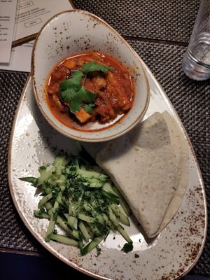 Eggplant and paneer Tofu Stew with bread (also possible with rice) at Vegafe - Totoriu g. in Vilnius