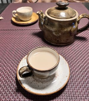 “Yoga tea for two” - this is chai, and you can choose plant milk from oat, soy, almond, and coconut.  at Vegafe - Totoriu g. in Vilnius