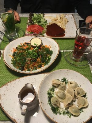 pea dumplings, carrot and squash salad, cheese steak at Vegafe - Totoriu g. in Vilnius
