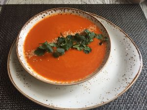 Vegan sweet potatoe red bell pepper soup at Vegafe - Totoriu g. in Vilnius