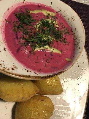 Traditional Lithuanian cold beetroot soup  at Vegafe - Totoriu g. in Vilnius