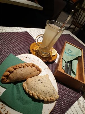 Fake meat pie left and cherry banana right at Vegafe - Totoriu g. in Vilnius