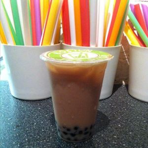 Strawberry almond milk tea with boba! at Boston Tea Stop in Cambridge