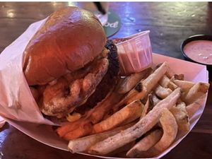 Vegan version of The Works burger w/ side of fries.  at Sideburns in Long Beach