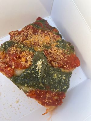 A focaccia with sauce and pesto. SO GOOD!  at Three Girls on Spring in Charleston