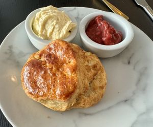 Sizeable vegan scone, clotted cream & strawberry jam   at Grand Patisserie  in Paignton