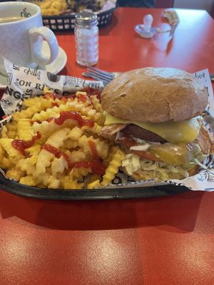 All lead no beef burger and house fries   at Herbie's American Diner  in Cambridge