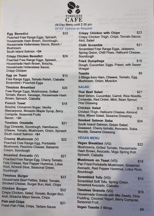 Menu at Timeless Cafe in Auckland