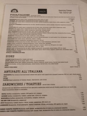Pizza menu (V = vegetarian) at Giovanni's Caffe' and Pizzeria in Cambridge