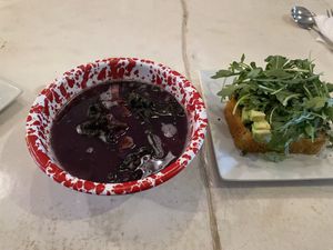 Lentil purple carrot and kale soup with avocado toast    at Cafe Joust  in Catskill