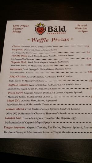 waffle pizzas menu at The Bald Strawberry Cafe in Indialantic