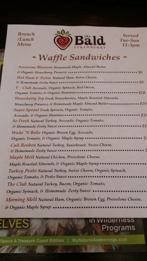 waffle sandwiches menu at The Bald Strawberry Cafe in Indialantic