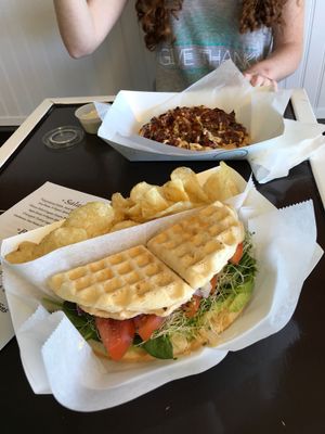 V-club and BBQ Jackfruit Pizza.  at The Bald Strawberry Cafe in Indialantic