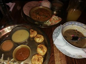 Ladyfingers potato curry, fried shi momos, kuwati bean soup at Tibet Haus in Berlin