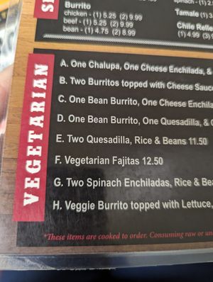 Vegetarian section on the menu. Many of the items can be easily veganized. at La Huerta in Gentry