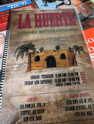 Front of menu at La Huerta in Gentry