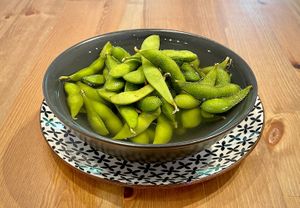 Edamame (200gr soy) soup with tamarind. Optional, served with rice and sambal pedas (hot chili and garlic paste). at Taste of Bali in Timisoara