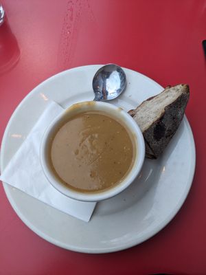 Yellow split pea soup and rosemary potato bread. at Baba Louie's in Hudson