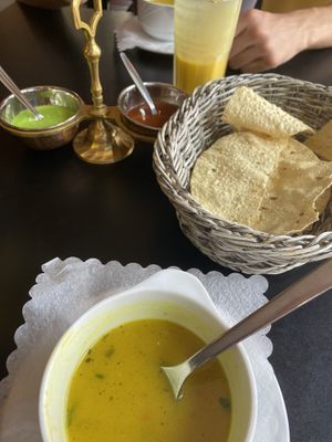 Vegetable soup and complementary snack.  at Royal Curry Indian Cuisine in Krakow
