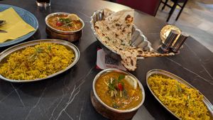 Tofu tikka masala, tofu vegan curry, onion rice and garlic naan at Royal Curry Indian Cuisine in Krakow