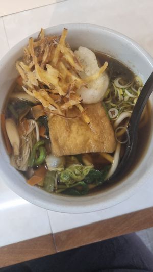vegan udon soup. comes with kitsune (sweet tofu), mochi, tempura and plenty of veg at Kasu Udon Ebisuya 2 Go-Shop in Osaka