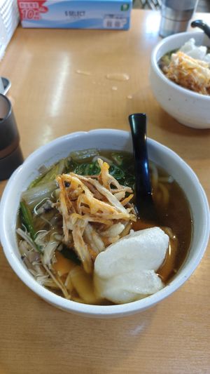 Vegan udon soup with crispy rice mochi(soup will soften) at Kasu Udon Ebisuya 2 Go-Shop in Osaka