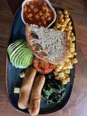 Irish vegetarian breakfast with extra chickpeas instead of eggss and it  at Tower & Castle in Kilkenny