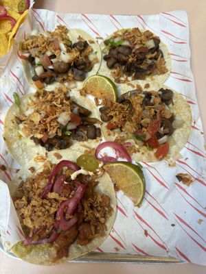 Mushroom tacos (four at the top). Plantain taco (bottom)  at Los Gordos in London