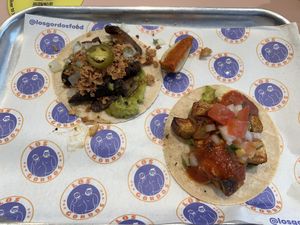 Mushroom (left) and plantain (right) tacos are both tasty vegan options on a limited menuu  at Los Gordos in London