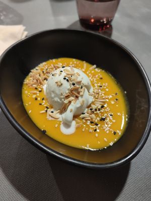 Sorbete de mango con helado de coco (pedir opción vegana) at La Masia de Sant Celoni in St Celoni