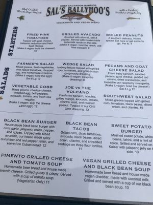 Vegan/vegetarian menu at Sal's Ballyhoo's in Key Largo