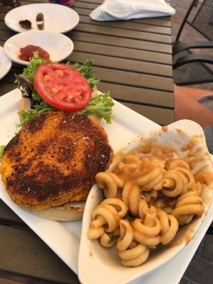 Sweet potato burger with side Vegan Mac and cheese  at Sal's Ballyhoo's in Key Largo