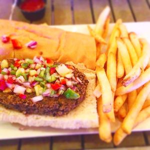 Black bean burger and fries  at Sal's Ballyhoo's in Key Largo