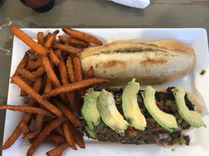 Black bean burger with sweet potato fries  at Sal's Ballyhoo's in Key Largo