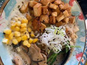 Vegan Yasai Miso Ramen: light broth with miso, noodles, fried tofu, bean sprouts, shiitake, leeks and spinach, served with spice on the side  at KIBO NO KI in Paris